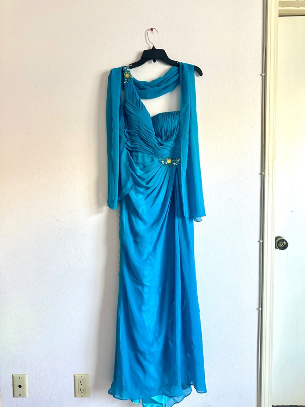 Aspeed Turquoise Blue One Shoulder Beaded Prom Dress with Shawl, size SMALL 0-2